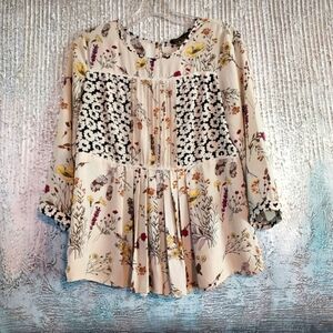 Dalia Floral Pleated Patchwork Boho Blouse Sz-S